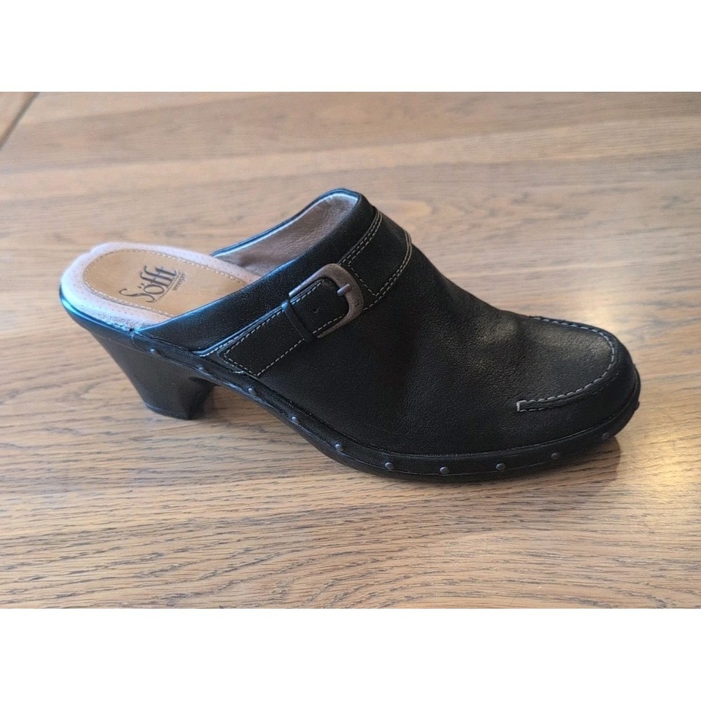 Sofft Women's Baize 1500701 Sz 7.5 Black Leather Loafer 2.75" Heels Mules clogs